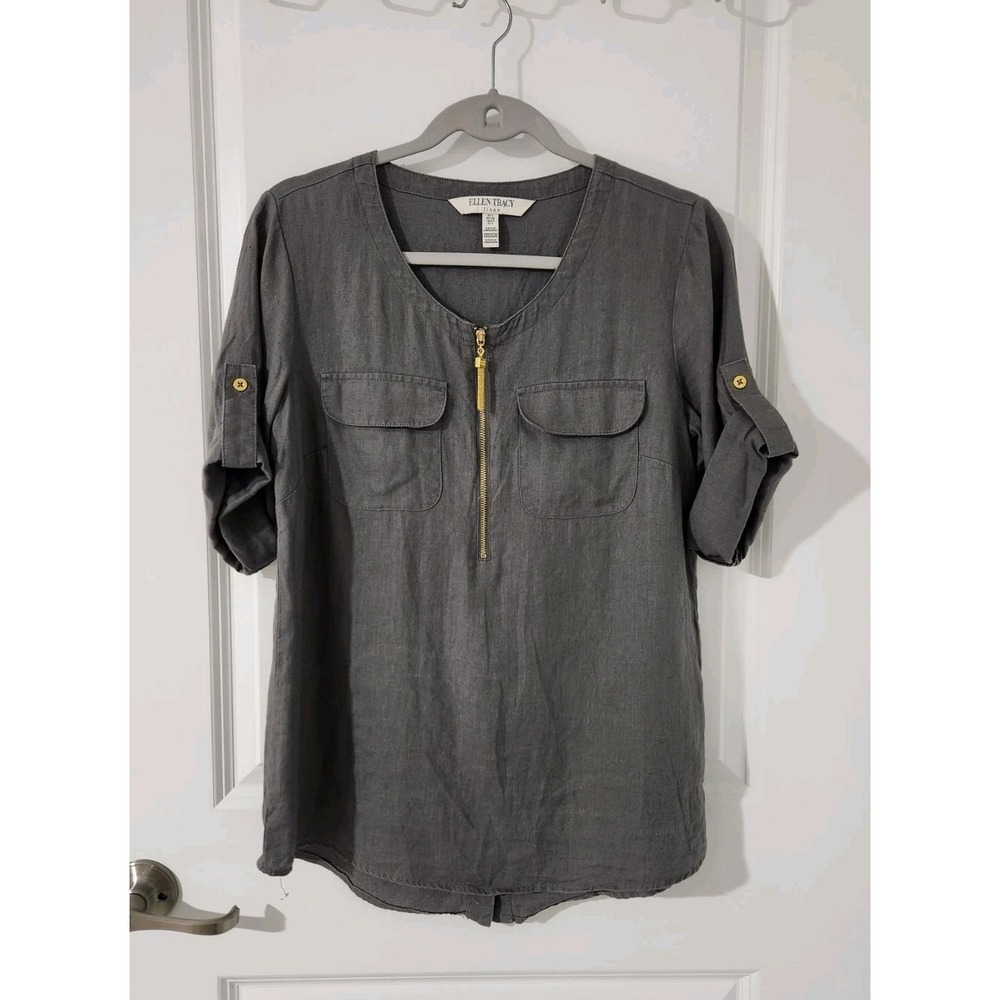ELLEN TRACY Womens Blouse Linen Roll Tab Sleeve Gold Zip Pocket Gray‎ Size S